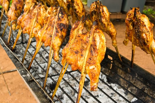 Delicious roasted chicken herb on fireplace background