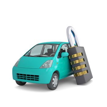 Turquoise small car and combination lock. 3d render isolated on white background