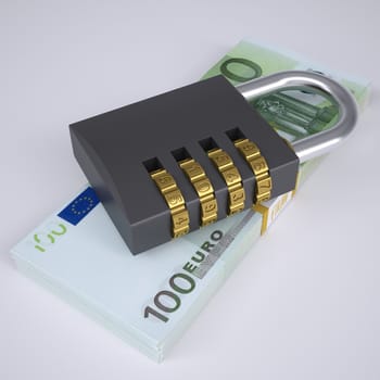 Combination lock on a pack of lies euros. 3d render on gray background