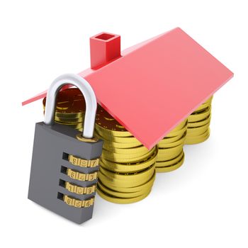 House made of dollars and combination lock. 3d render isolated on white background