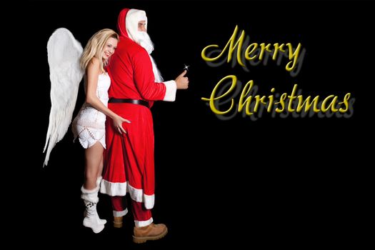 Female angel with large wings, holding hand man, Santa Claus on his ass, with inscription Merry Christmas