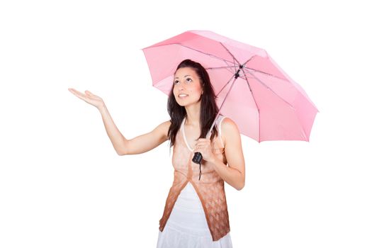 Brunette woman in a white dress with pink umbrella figuring what the weather is