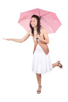 Brunette woman in a white dress with pink umbrella figuring what the weather is