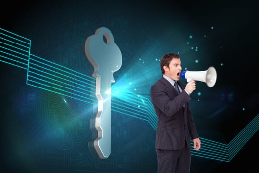 Composite image of standing businessman shouting through a megaphone agaisnt white