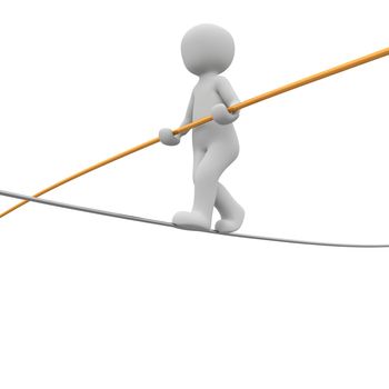 A 3d character walks on a rope.