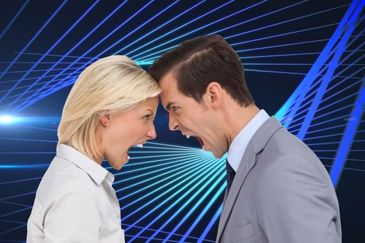 Composite image of colleagues quarreling head against head