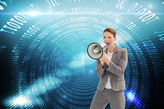 Composite image of businesswoman is talking  on a megaphone