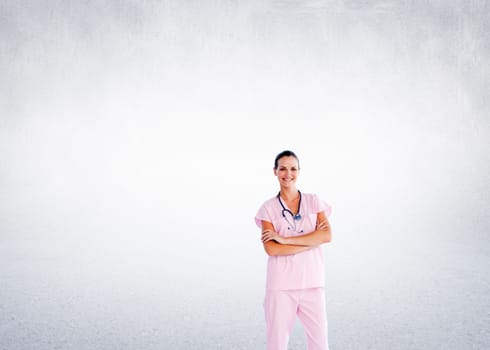 Composite image of isolated beautiful nurse standing in front of the camera with folded arms