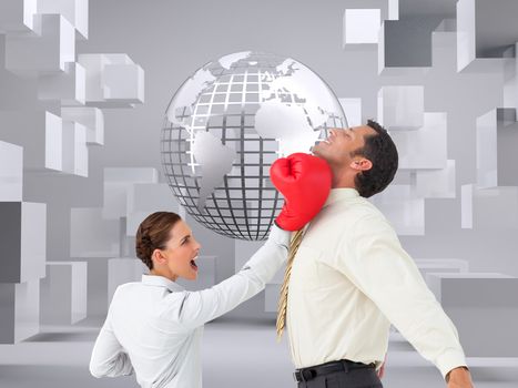 Composite image of businesswoman hitting a businessman with boxing gloves