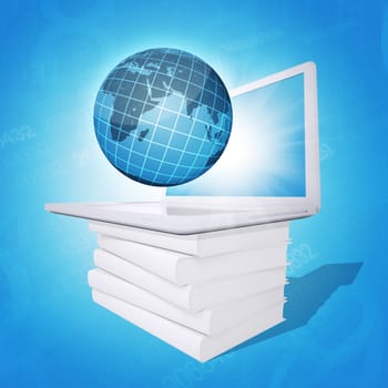 Laptop and globe on white stack of books. blue background