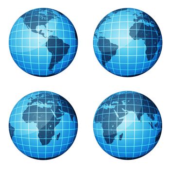 Globe. Dark blue continents and blue ocean. Four of the globe with different angles