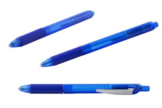 Collection of pictures of blue ballpoint pen. Three photos from different angles