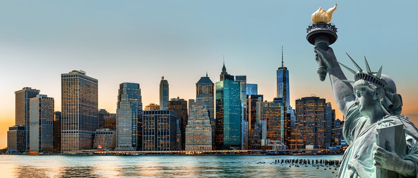 Symbols of New York. Manhattan Skyline and The Statue of Liberty, New York City