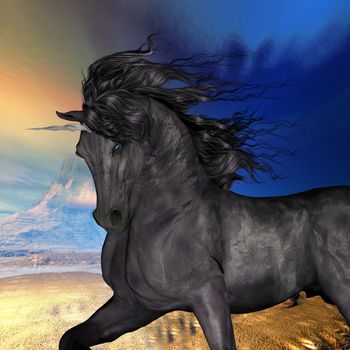 A beautiful black unicorn prances with its wild mane flowing and muscles shining.