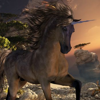 A beautiful grulla colored unicorn prances with its wild mane flowing and muscles shining.