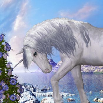 A beautiful white unicorn prances with its wild mane flowing and muscles shining.