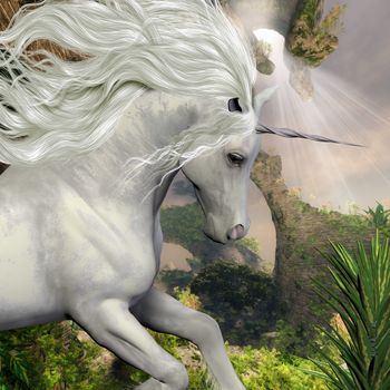 A beautiful white unicorn prances with its wild mane flowing and muscles shining.