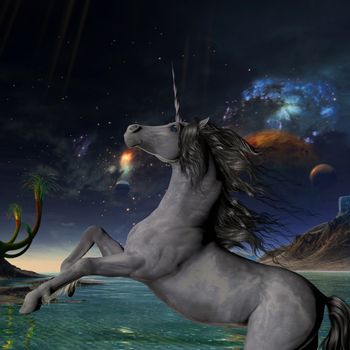 A beautiful silver unicorn prances with its wild mane flowing and muscles shining.