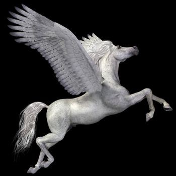A magical white Pegasus spreads its wings and flies up into the sky.