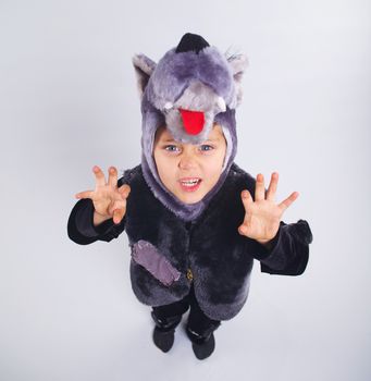 A portrait of a little boy trying a carnival suit of wolf on the grey background
