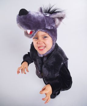 A portrait of a little boy trying a carnival suit of wolf on the grey background