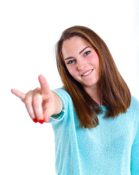 Portrait of happy teenage girl in a blue dress. Isolated over white background.