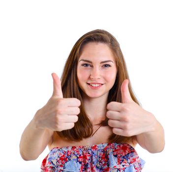 Portrait of happy teenage girl. Isolated over white background.
