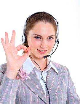 Portrait of beautiful young business woman with headset. Call center. Customer support. Helpdesk.