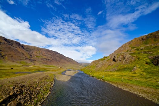 Beautiful landscape. Iceland. Mountain, river, forest, blue sky.