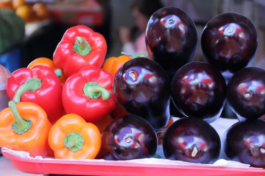 Image of background with fresh pepper and eggplant