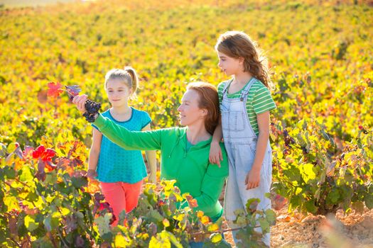 Mother and daughters family on autumn vineyard happy smiling holding grape bunch