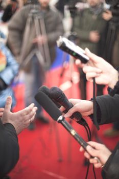 A journalist is making a interview with a microphone