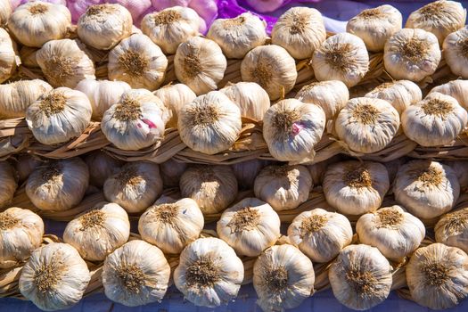 Garlic bunches stacked in a row at Spain