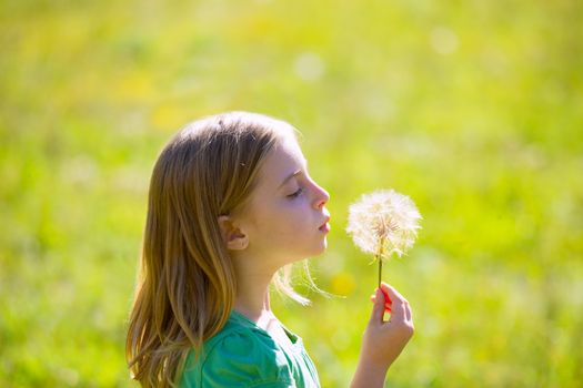 Blond kid girl blowing dandelion flower in green meadow outdoor profile view