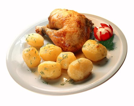 Grilled chicken leg with potatoes - isolated.