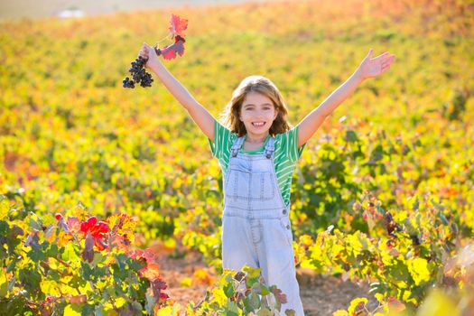 Kid girl in happy autumn vineyard field open arms with red leaf grapes bunch in hand