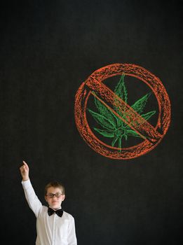 Hand up answer boy dressed up as business man with no weed marijuana on blackboard background