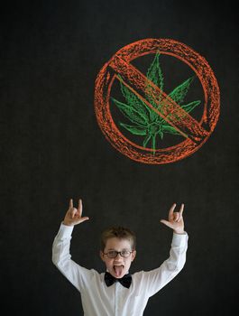 Knowledge rocks boy dressed up as business man with no weed marijuana on blackboard background