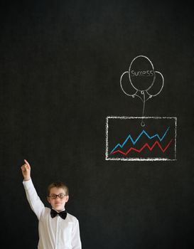 Hand up answer boy dressed up as business man with chalk success graph and balloon on blackboard background