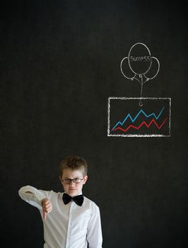 Thumbs down boy dressed up as business man with chalk success graph and balloon on blackboard background
