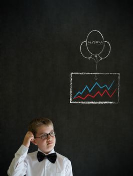 Scratching head thinking boy dressed up as business man with chalk success graph and balloon on blackboard background