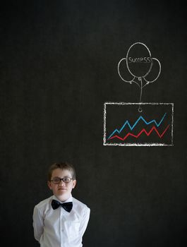 Thinking boy dressed up as business man with chalk success graph and balloon on blackboard background