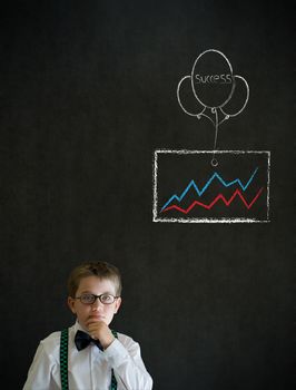 Thinking boy dressed up as business man with chalk success graph and balloon on blackboard background