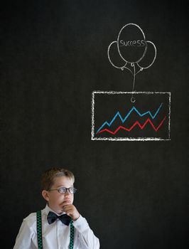Thinking boy dressed up as business man with chalk success graph and balloon on blackboard background