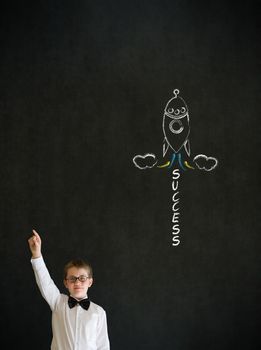 Hand up answer boy dressed up as business man with chalk success rocket on blackboard background