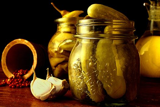 Jars of pickels on a window light