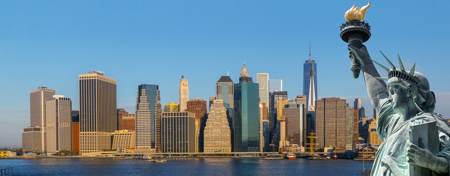 Symbols of New York. Manhattan Skyline and The Statue of Liberty, New York City