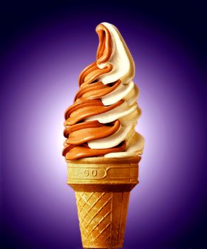 Mixed vanilla and chocolate flavour ice cream cone on gradient background.
