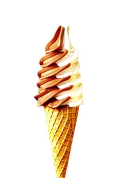 Mixed vanilla and chocolate flavour ice cream cone - isolated.
