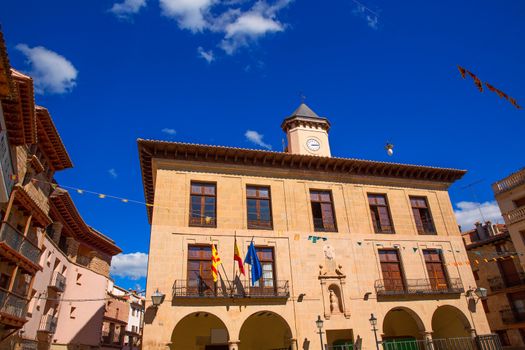 Mora de Rubielos in Teruel City Town Hall square at Aragon stonewall village Maestrazgo Spain